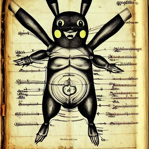 Image similar to anatomical drawing of Pikachu, with organs labeled, 16th century medical textbook