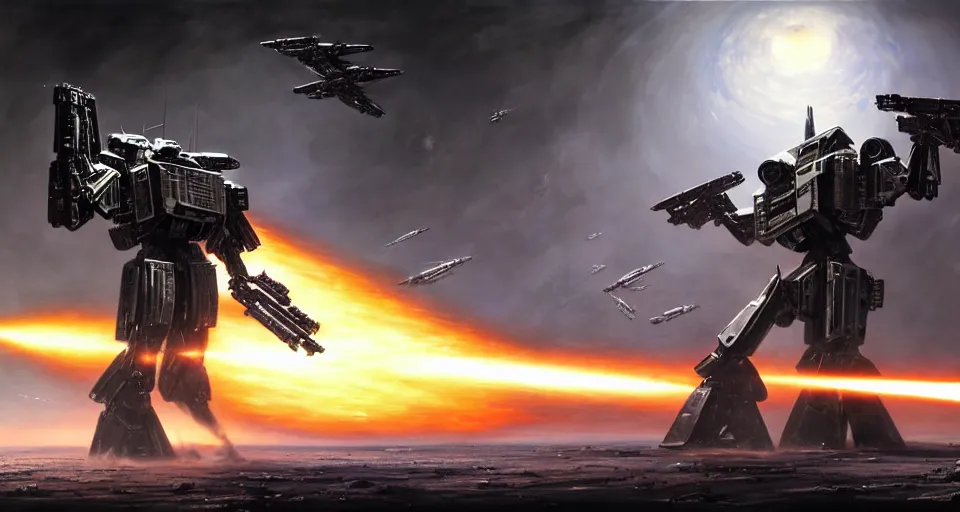 Image similar to hyper realistic sci - fi matte concept art painting of epic cinematic battle between michael bay transformer mecha fighting on the moon, guns, missiles, explosions, beautiful details, strong composition painted by kim jung guweta studio rutkowski, james gurney and greg rutkowski, and lucasfilm, smooth, intricate, detailed, sharp focus, cinematic