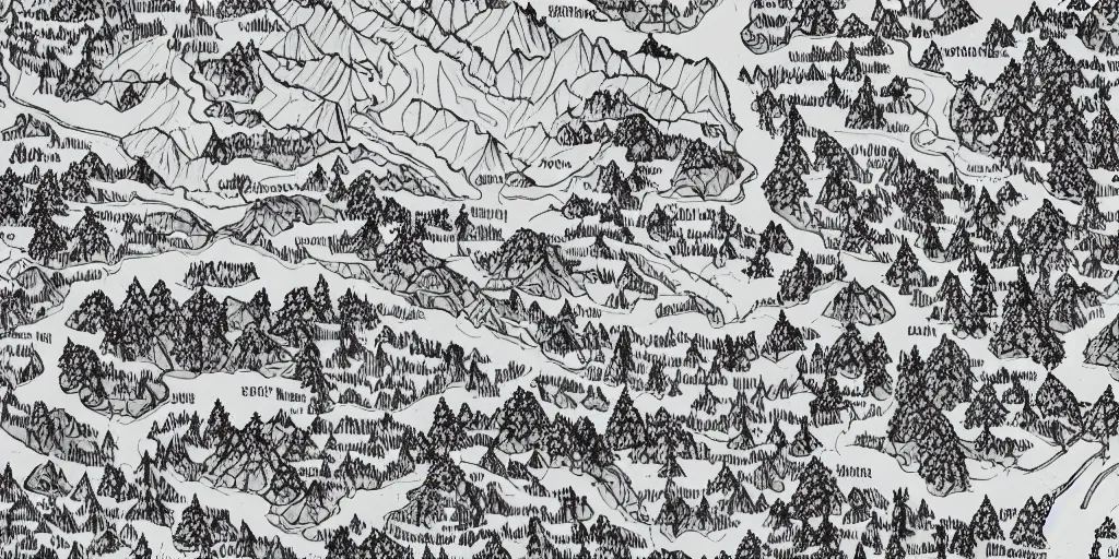 Image similar to A detailed hand drawn map of the forest with mountains and rivers