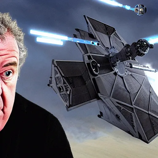 Image similar to Jeremy Clarkson reviewing a Tie Fighter, Star wars, Top Gear, 8k, high quality