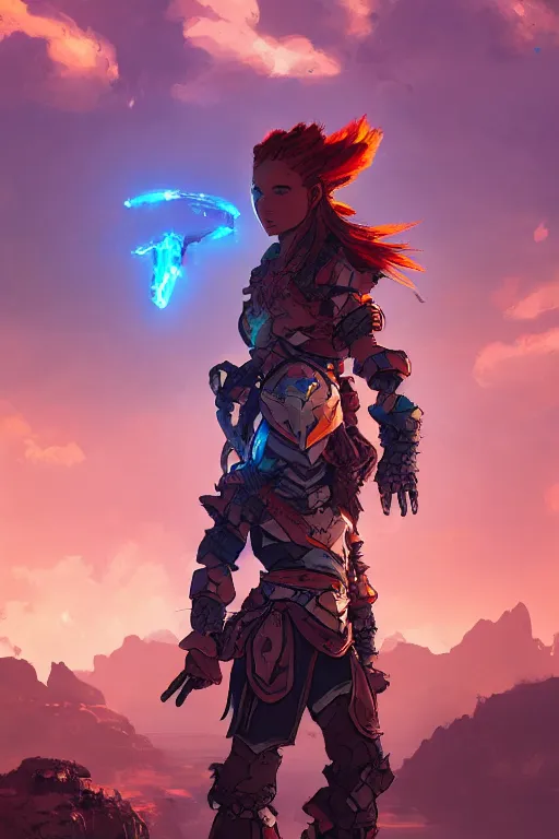 Image similar to combination suit armor aloy horizon forbidden west horizon zero dawn radiating a glowing aura global illumination ray tracing hdr fanart arstation by ian pesty and alena aenami artworks in 4 k tribal robot ninja mask helmet backpack