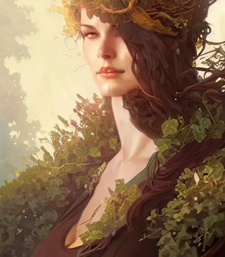 Image similar to Attractive Dryad, armored, dungeons and dragons portrait, highly detailed, digital painting, artstation, concept art, sharp focus, illustration, art by artgerm and greg rutkowski and alphonse mucha