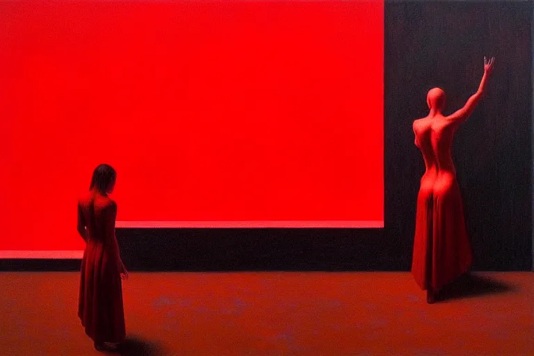 Prompt: only with red, crowd cheering at the see of an art, in the style of beksinski, parts by edward hopper, parts by rodcenko, parts by yue minjun, intricate and epic composition, red by caravaggio, insanely quality, highly detailed, masterpiece, red light, artstation, 4 k