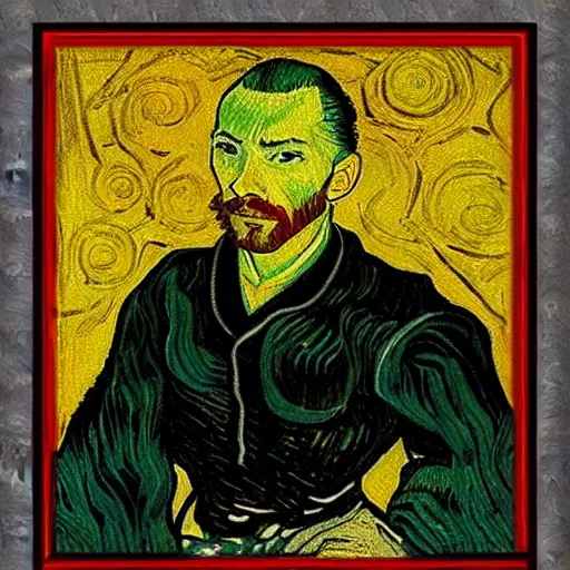 Prompt: an artistic portrait of armond of the white lotus, high quality, studio photography, colorful, hero, heroic, beautiful, in the style of vincent van gogh