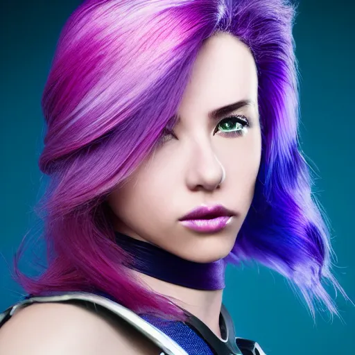 Image similar to a stunning high shutter speed action upper body portrait of a beautiful woman with a ombre purple pink hairstyle with head in motion and hair flying while wearing futuristic navy blue and teal battle bodyarmor and pauldrons by marvel comics, outrun, vaporware, action photography, highly detailed, fine detail, intricate, digital art, trending on artstation