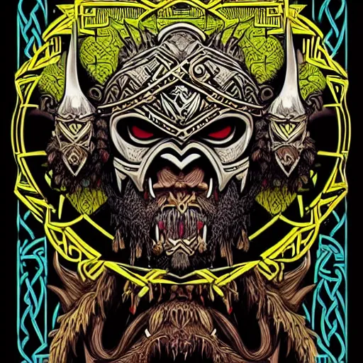 Prompt: barong family member, viking warrior, viking beard, mammoth, wiwek, mara demon, one single tribe member, jungle, one single mask, dark, ancient warrior, tribal, inner glow, art by dan mumford and justin gerard