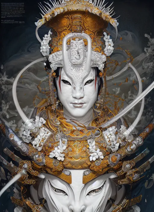 Prompt: subsurface scattering, white, koi, female samurai deity with filigree ivory armor, by jesper ejsing, james jean, justin gerard, tomasz alen kopera, cgsociety and fenghua zhong, highly detailed, rim light, cinematic lighting, illustration, art, octane render, very coherent, cinematic, hyper realism, high detail, 8 k