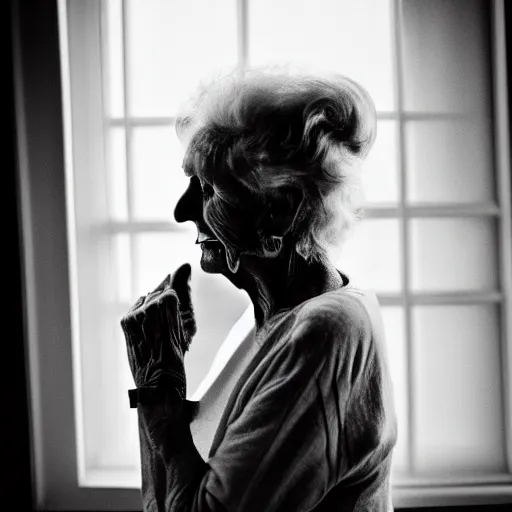 Image similar to black and white photograph portrait of a depressed beautiful old woman standing by the window, natural light, lomo, fashion photography, film grain, soft vignette, sigma 85mm f/1.4 1/10 sec shutter