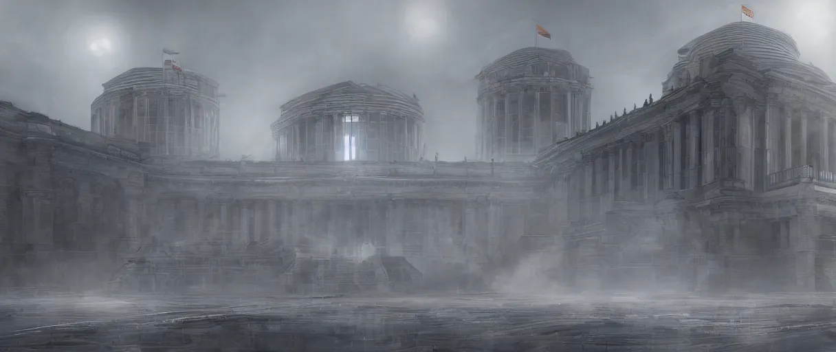 Image similar to dystopian reichstag Germany, futuristic digital painting, concept art, volumetric lighting, warm lighting, trending on artstation, high detail, sci fi, gothic, vivid colours