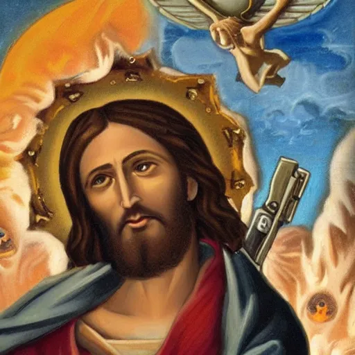 Image similar to jesus with guns killing demons