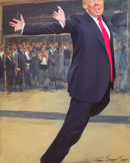 Prompt: donald trump flying skirt pose, by sam shaw, realistic, detailed