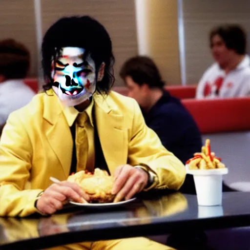 Image similar to Michael Jackson eating at a McDonalds, long shot, award winning, high detail, high resolution