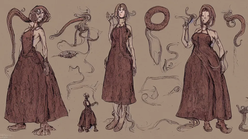 Image similar to aged paper, colorful character sheet for a stocky alien extraterrestrial female servant maid with thick snake - like tentacles instead of hair, long dress with apron, retrofuture, valerian, moebius, coherent, illustration, digital art, trending on artstation, hd, 8 k, good lighting, beautiful, rough paper, masterpiece