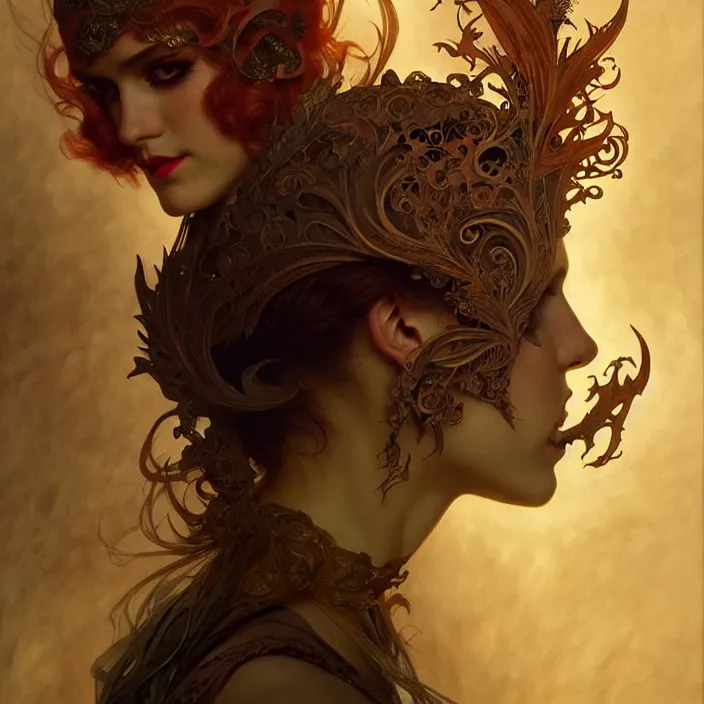 Image similar to Mask under Mask under mask, dramatic lighting, fantasy, intricate, elegant, highly detailed, lifelike, photorealistic, digital painting, artstation, illustration, concept art, smooth, sharp focus, art by John Collier and Albert Aublet and Krenz Cushart and Artem Demura and Alphonse Mucha