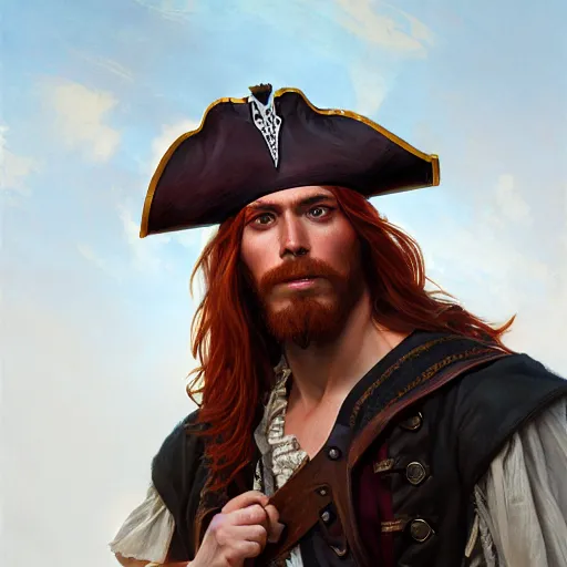 Prompt: portrait of a young pirate, male, rugged, masculine, handsome, upper body, red hair, long hair, D&D, fantasy, intricate, elegant, highly detailed, digital painting, artstation, concept art, cutscene, sharp focus, illustration, art by Artgerm and Greg Rutkowski and Alphonse Mucha