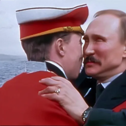 Prompt: A frame from the film Titanic, where Putin hugs Lukashenka on the nose of the Liner