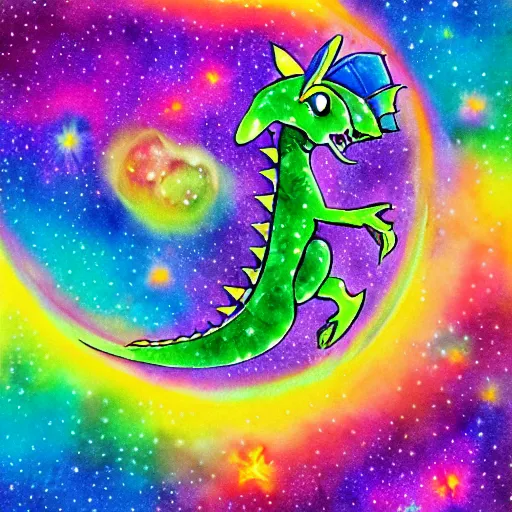 Image similar to cute kawaii baby dragon, galaxy, stars, cosmos, nebula, in the style of lisa frank, watercolor painting