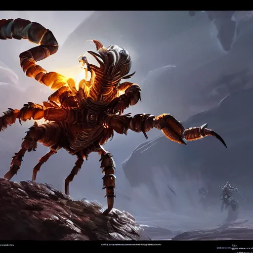Prompt: warrior riding a scorpion while the scorpion attacks his ops, fantasy art, concept art, character design, unreal engine 5, ultra detailed, cinematic, dramatic lighting