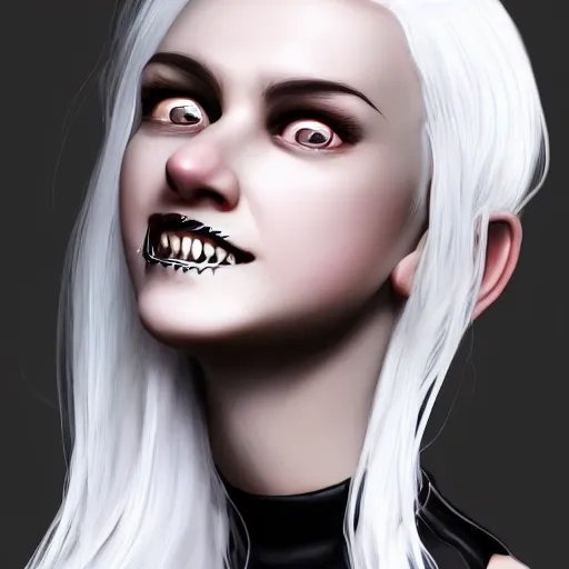 Image similar to Young woman, white hair, black eyes, sharp teeth, pointy ears, pale skin, trending on artstation