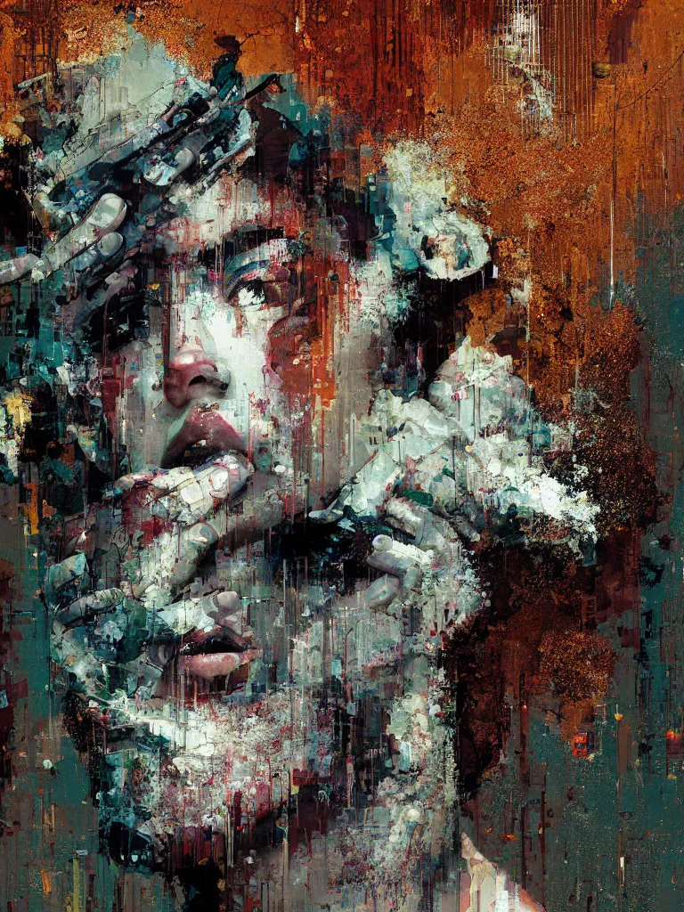 Image similar to a beautiful glitched painting by robert proch of a woman in a glitched bathroom, metal rust and plaster materials, pixel sorting, color bleeding, brushstrokes by jeremy mann, still life, dark colors