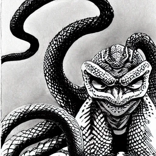 Image similar to a snake man, kentaro miura art style