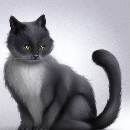 Image similar to beautiful dark grey cat with white belly, white paws and white face markings with long fur and fluffy tail sitting, intricate, elegant, highly detailed, digital painting, artstation, concept art, matte,