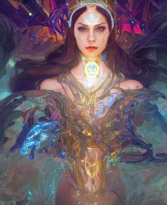 Image similar to a whirlwind of souls rushing inside the metaverse, half body, glowin eyes, tiara with sapphire, pharaoh, android, cyberpunk, d & d, fantasy, intricate, elegant, highly detailed, colorful, vivid color, digital painting, artstation, concept art, art by artgerm and greg rutkowski and alphonse mucha and ruan jia