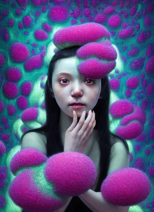 Image similar to hyper detailed 3d render like a Oil painting - kawaii portrait Aurora (black haired Fae) seen Eating of the Strangling network of yellowcake aerochrome and milky Fruit and Her delicate Hands hold of gossamer polyp blossoms bring iridescent fungal flowers whose spores black the foolish stars by Jacek Yerka, Mariusz Lewandowski, Houdini algorithmic generative render, Abstract brush strokes, Masterpiece, Edward Hopper and James Gilleard, Zdzislaw Beksinski, Mark Ryden, Wolfgang Lettl, hints of Yayoi Kasuma, octane render, 8k