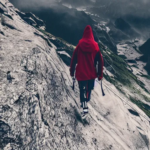 Image similar to person with hoodie walking up a mountain with a backpack that has katanas on the sides, anime, amazing composition, astonishing detail, smooth lines, beautiful scenery