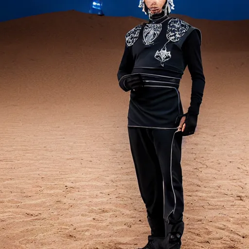 Image similar to medium face shot of adult Austin Butler dressed in futuristic-tudoresque black-prussian blue garb with embroidered Rams head emblem, and nanocarbon-vest, in an arena in Dune 2021, XF IQ4, f/1.4, ISO 200, 1/160s, 8K, face in-frame