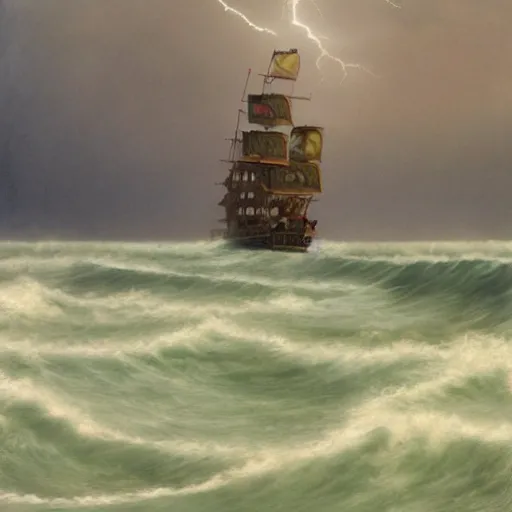 Image similar to epic pirate battle in high rough waves with storm clouds and lightning all around in the style of Grant Wood ,
