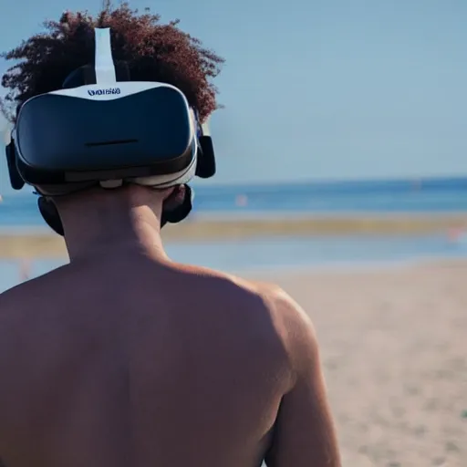Prompt: a man wearing a vr headset on the beach