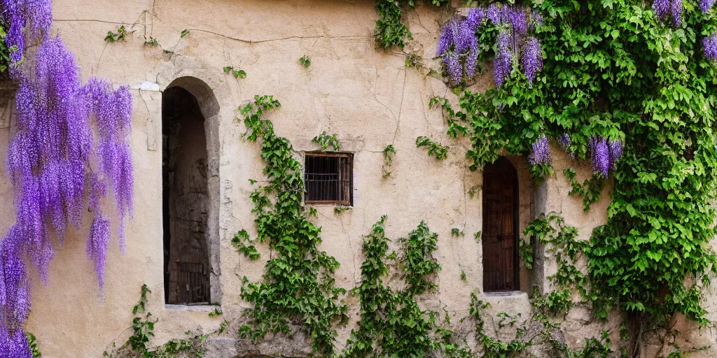Image similar to photo of a ancient roman house with wisteria flowers, wallpaper, arhitectural shot, national geographic, award arhitectural photography, professional arhitectural photography, sunny, day time, beautiful, warm light, fernando guerra, tekla evelina severin, karen vikke