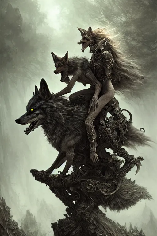 Prompt: goblin riding a wolf, intricate, ethereal, by wlop, by luis royo, by peter mohrbacher, hyper detailed, weta digital, ray trace, unreal engine, trending on artist, beautifully lit, cinematic, soft light, photorealistic, volumetric, realistic, glossy, 8 k post - production, masterpiece, luxury, smooth