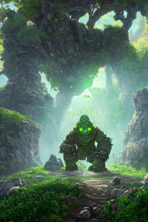 Image similar to zelda fantasy art giant golem troll wood rock greeble gemstone, global illumination ray tracing hdr fanart arstation by sung choi and eric pfeiffer and gabriel garza and casper konefal