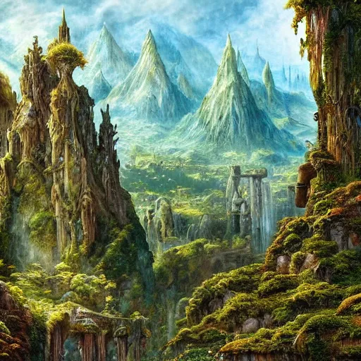 Prompt: a beautiful and highly detailed epic oil painting of an elven city in the mountains, lush valley, beautiful trees, ancient stone runes, intricate details, epic scale, insanely complex, 8 k, sharp focus, hyperrealism, fantasy landscape, psychedelic, by caspar friedrich, brian froud, albert bierstadt,