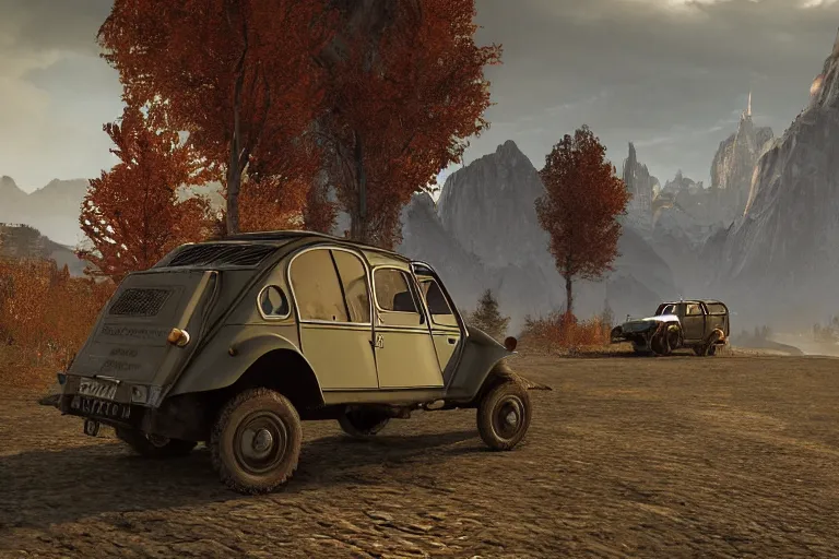 Image similar to offroad citroen 2 cv ( 1 9 6 5 ) of daedric design driving across the rift, daedric axe stored on the side of the car, leather and cloth traveller backpacks on roof, riften city in the background, epic fantasy, autumn, the elder scrolls v : skyrim, dramatic lighting, establishing shot, by simon stalenhag