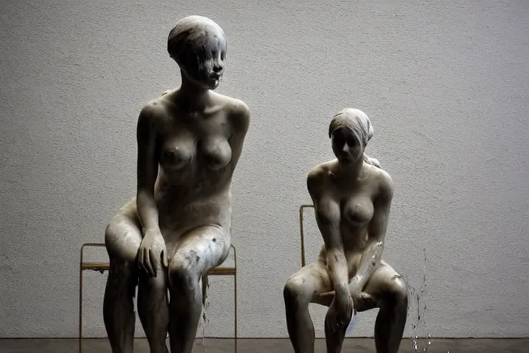 Prompt: a sculpture of a beautiful woman sitting on a chair, a white marble sculpture covered with floating water by nicola samori, behance, neo - expressionism, marble sculpture, apocalypse art, made of mist