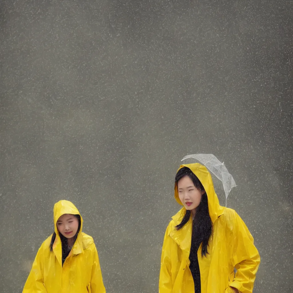 Prompt: of a Chinese girl in yellow rain coat.