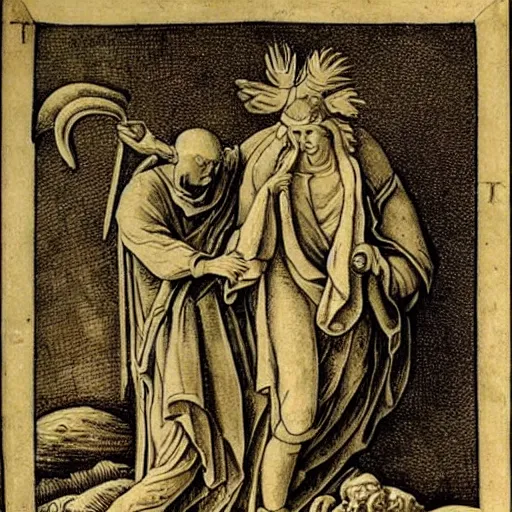 Image similar to barinthus, the ferryman, personification of age carrying a person towards death, esoteric experience of dying from the aging process of life