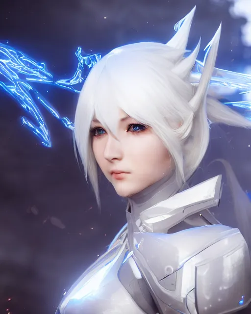 Prompt: perfect white haired girl, warframe armor, beautiful, dreamy, half asian, pretty face, blue eyes, detailed, sunny day, scifi platform, front lit, laboratory, experiment, 4 k, ultra realistic, epic lighting, cinematic, high detail, masterpiece, by masayoshi tanaka, akihiko yoshida, kazuya takahashi