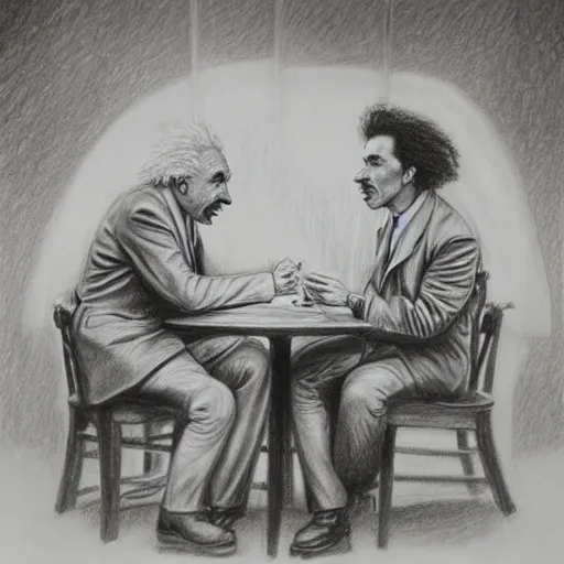 Image similar to Einstein and Tesla sitting at cafe, pencil drawing, ultra detailed