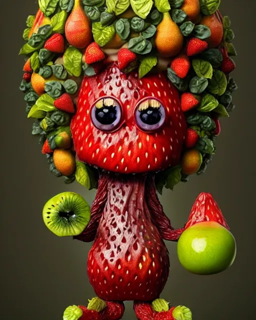 Image similar to portrait of a cute fruit figurine monster made of different fruit, standing in a forest, staring wide open eyes, open mouth, very detailed eyes, trees in the background, sunlight, oil painting, highly detailed, dramatic lighting, hyperrealistic, 8 k, smooth, intricate, artstation, cgsociety, by artgerm, by wlop