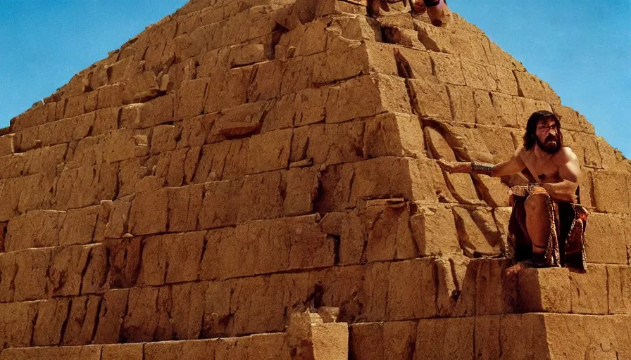 Image similar to dramatic movie stills by david lean of javier bardem as gilgamesh sumerian king climbing triumphantly a ziggurat, sumerian epic movie, cinestill 8 0 0 t eastmancolor technicolor, high quality, very detailed, heavy grain, fine facial features, 8 k, octane render