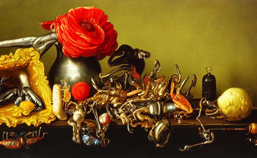 Image similar to disturbing colorful oil painting dutch golden age vanitas still life with bizarre objects strange gooey surfaces shiny metal bizarre insects rachel ruysch dali todd schorr very detailed perfect composition rule of thirds masterpiece canon 5 0 mm, cinematic lighting, photography, retro, film, kodachrome