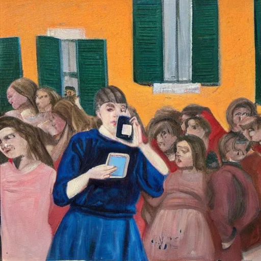 Image similar to teenegers with phones as head stend in front of a school in genoa. painting