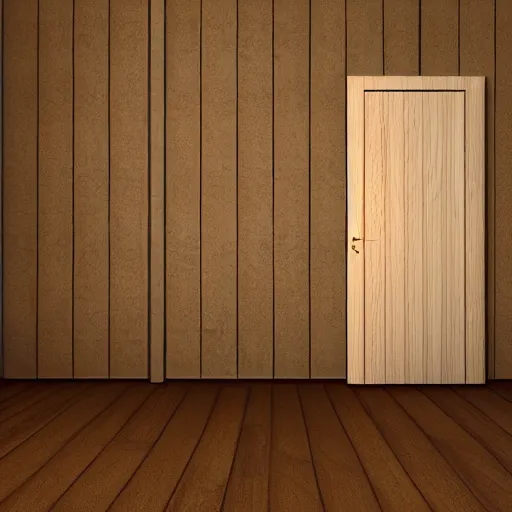Image similar to photography, 3 d render, monster, door, wood floor