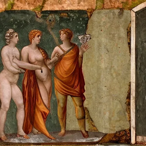 Image similar to ancient roman fresco showing juno scolding venus and mars for posting divine secrets on twitter