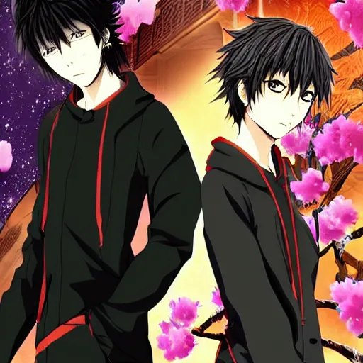 Prompt: zhongli and Tartaglia,Official character illustration,Popular on Pixiv,Death Note,fantasy cherry blossom background