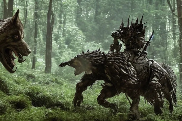 Image similar to vfx movie closeup detailed ancient armored warrior orc hunting riding large wolf in the forest, natural lighting by emmanuel lubezki